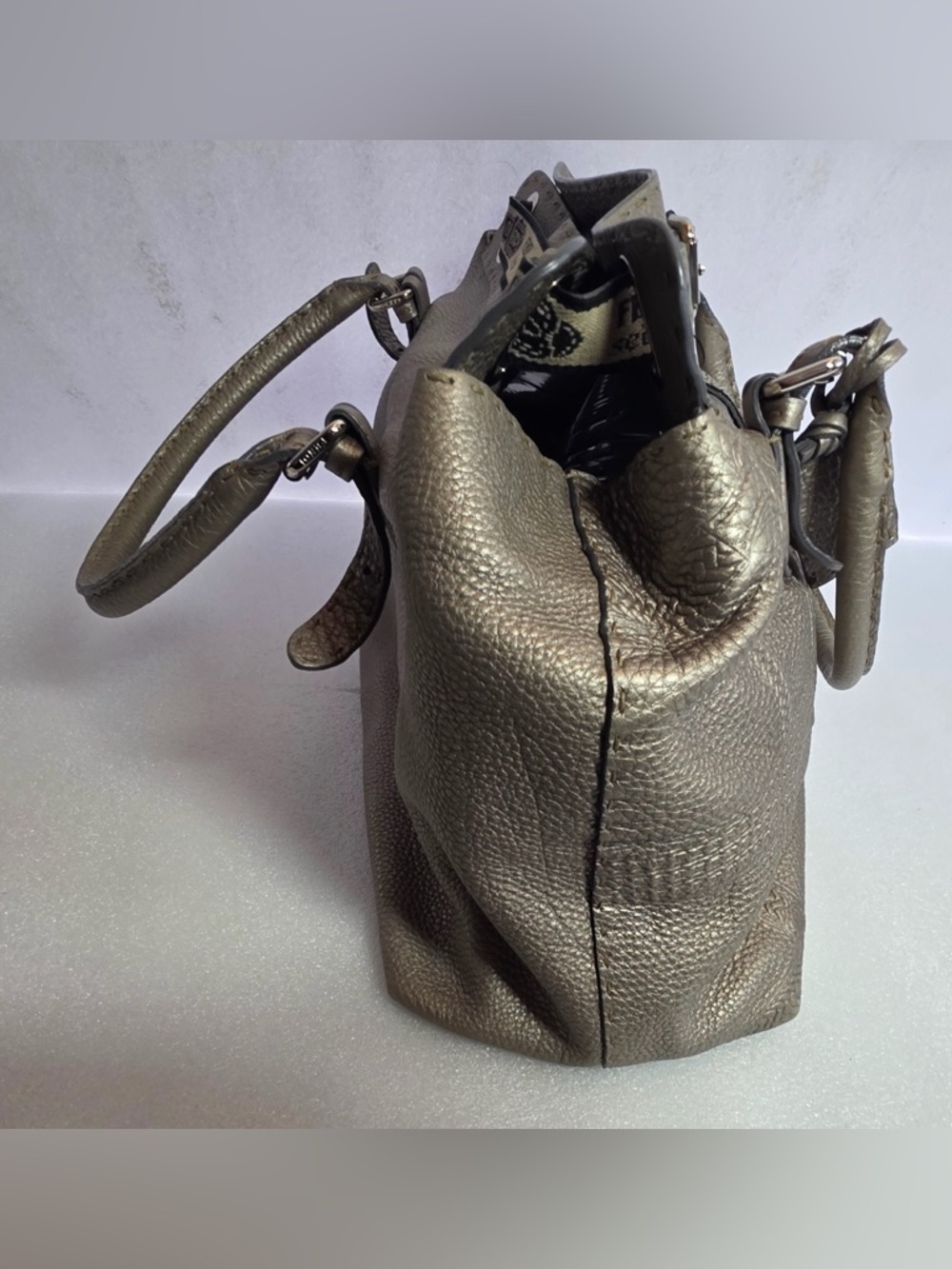 Rare Fendi Selleria Handmade Leather Tote Gray Horse Embossed Luxe Satchel - Picture 3 of 8
